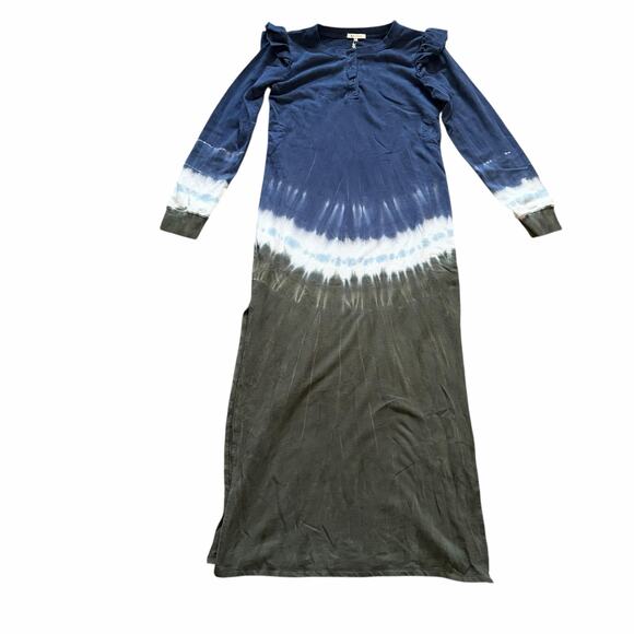 Z Supply Long Sleeve Dress M Blue Tie Dye Henley Ruffle Modest Minimalist NWT - Picture 2 of 8